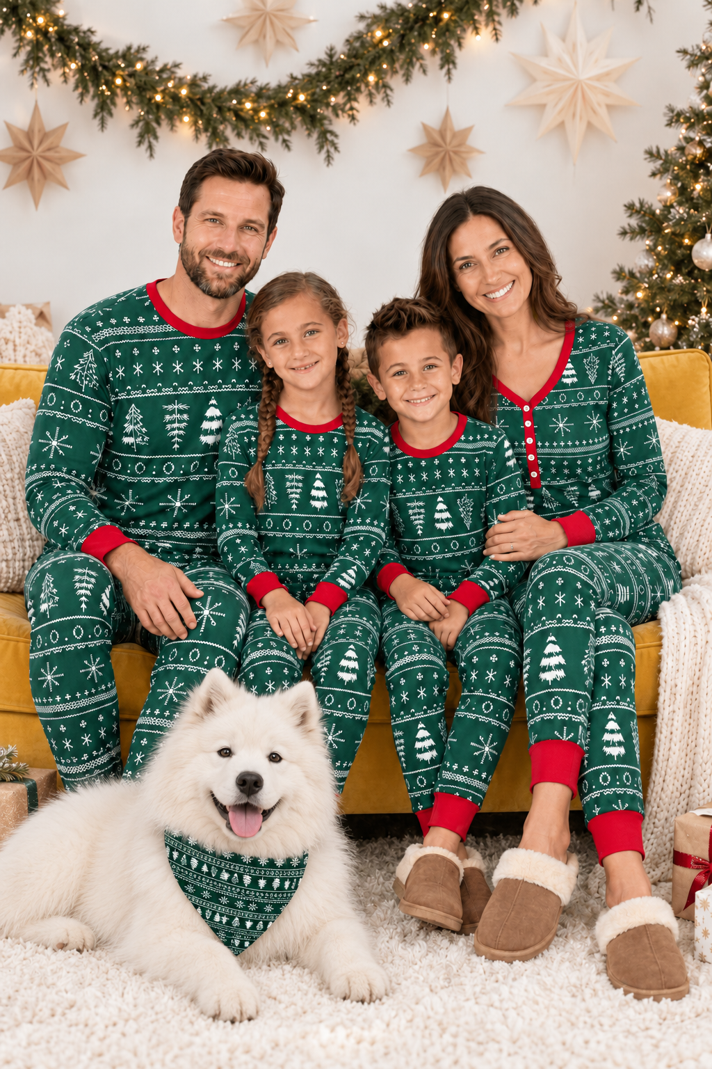 Family wearing matching Christmas pajamas with a Samoyed wearing the coordinating triangular dog bandana.