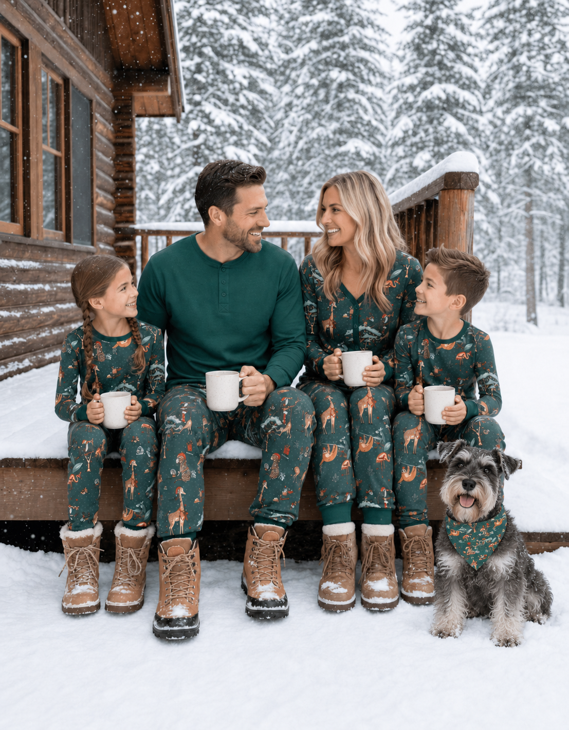 Family in teal animal print Christmas pajamas on a snowy porch with a Miniature Schnauzer wearing a matching teal animal print bandana.