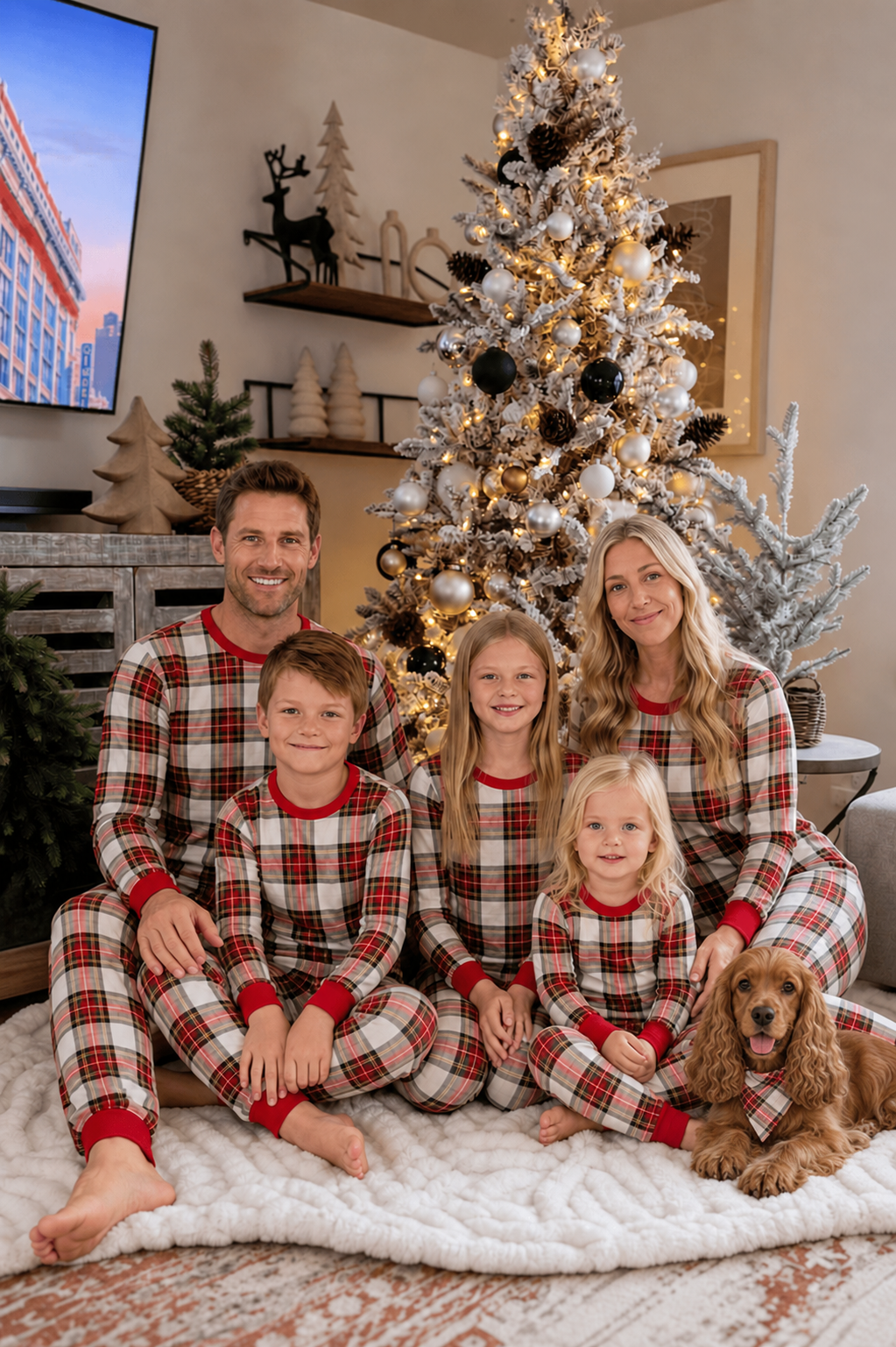 Family in tartan Christmas pajamas with a small golden English Cocker Spaniel wearing a matching triangular tartan bandana.