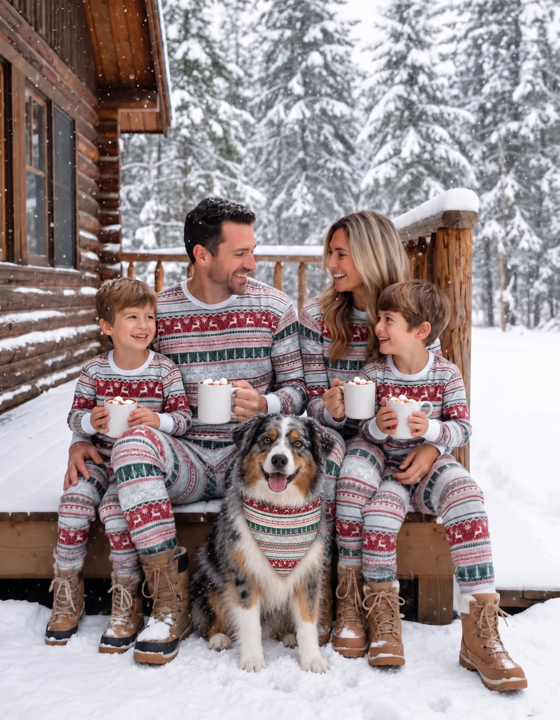 Family in Fair Isle Christmas pajamas with a blue merle Australian Shepherd wearing a matching triangular bandana on a snowy porch.