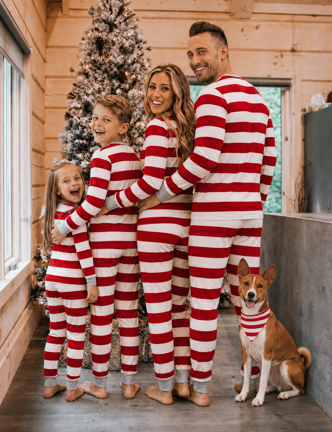 Family in matching Christmas pajamas with a Basenji wearing the coordinating triangular dog bandana.