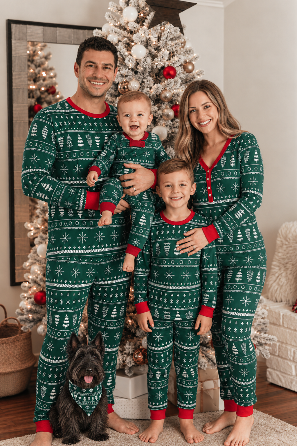 Family in matching Christmas pajamas with a Scottish Terrier wearing the matching triangular dog bandana.