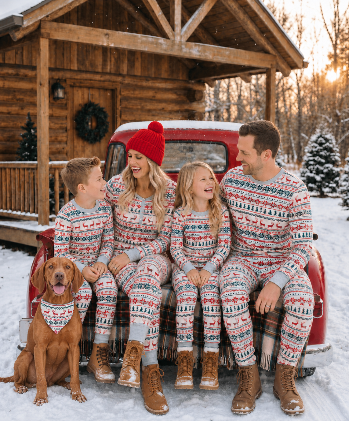 Family in matching Christmas pajamas with a Vizsla wearing the matching triangular dog bandana.