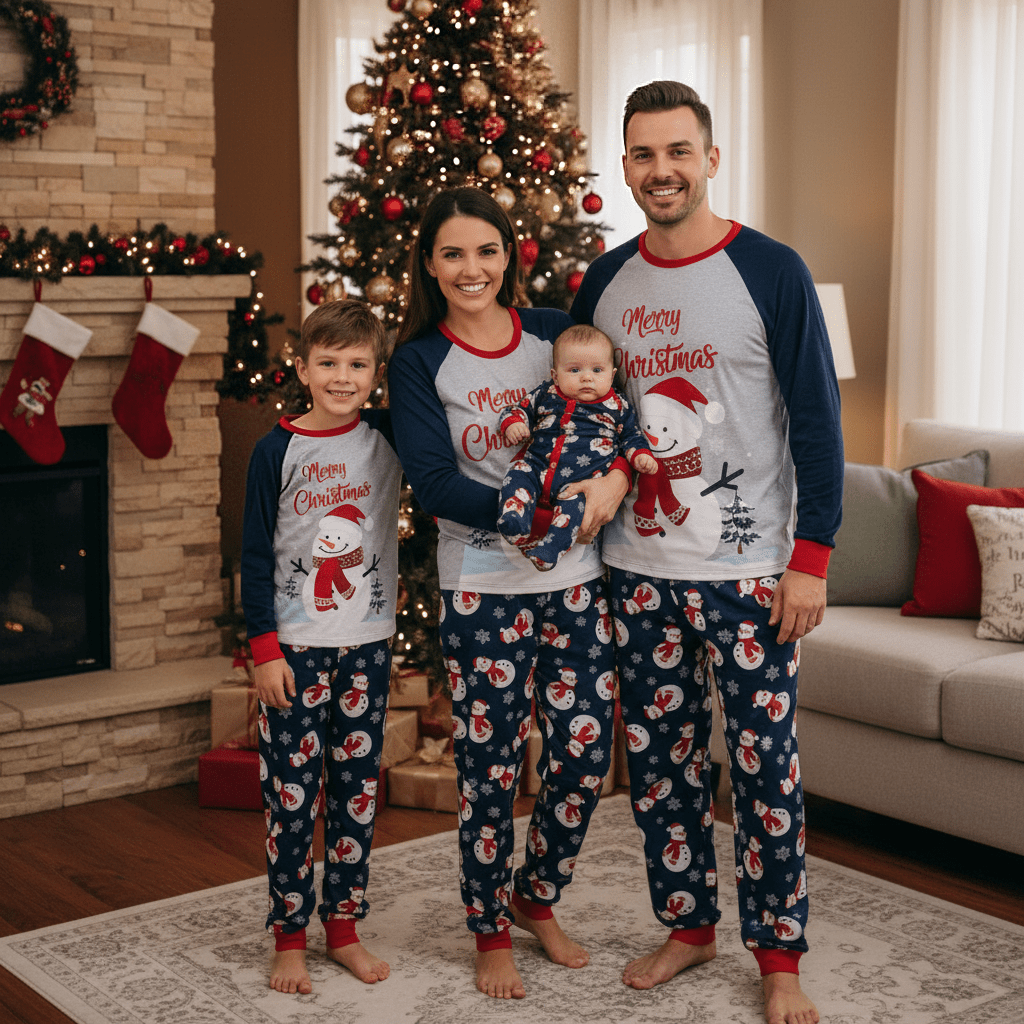 Family beside a tree in gray-and-navy snowman Christmas pajamas with red trim, with the baby in a navy printed romper.
