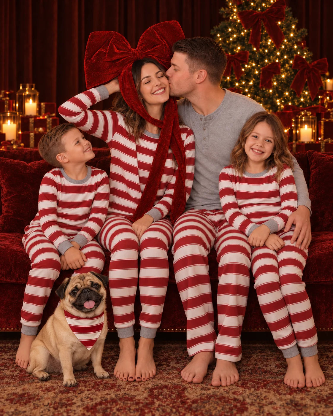 Family in red and white striped pajamas with a gray top on the man, with a dog in a striped bandana by a tree.