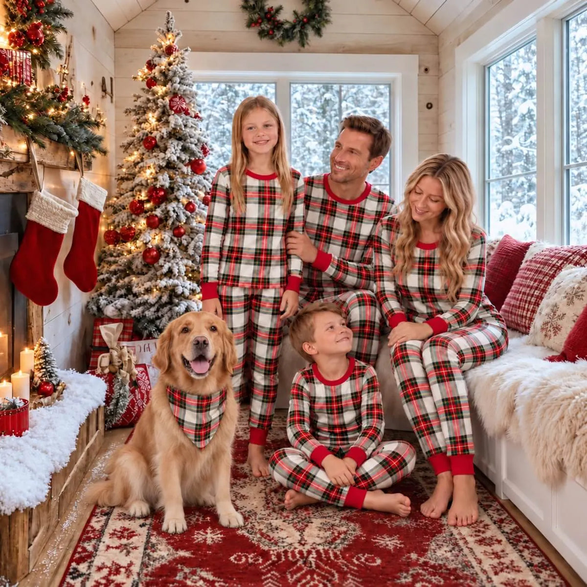 Family in red, white and black tartan Christmas pajamas by a tree, with a dog wearing a matching plaid bandana.