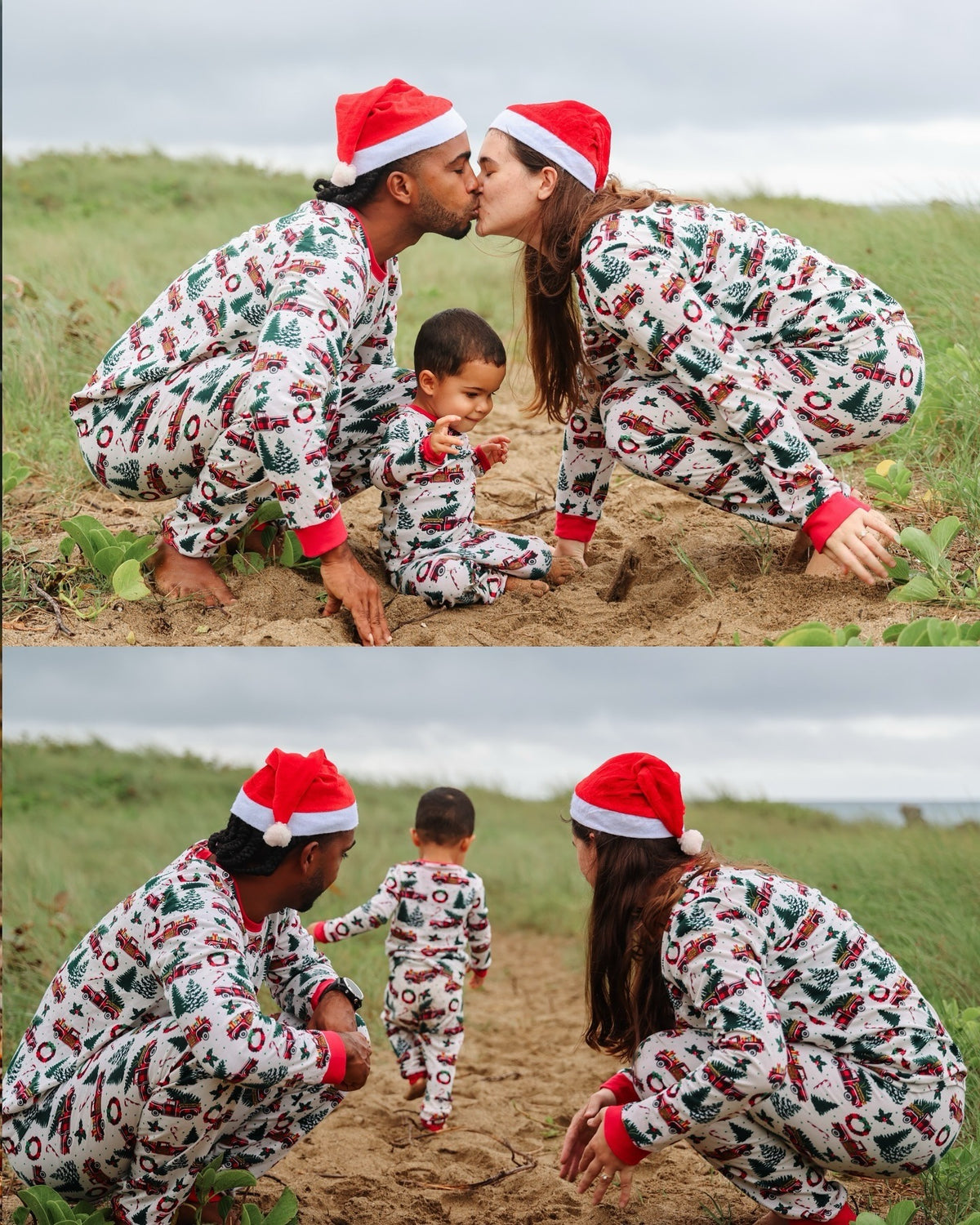 Two beach photos of parents and a toddler in white festive print Christmas pajamas: kissing and watching the child walk.