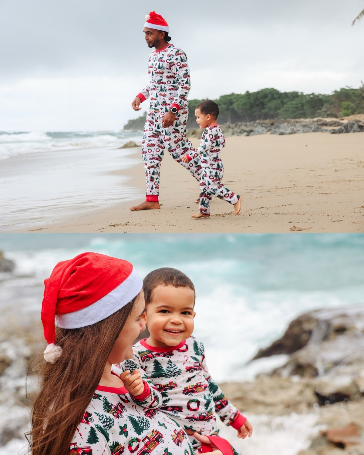 Beach photo collage of a father walking with a toddler and a mother holding the child in white festive print pajamas.