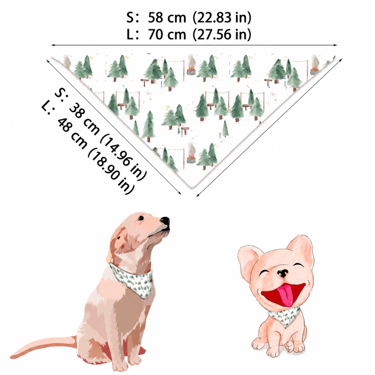 Maßskizze für ein weißes dreieckiges Hundehalstuch mit kleinen grünen Weihnachtsbäumen, mit Maßen für S und L.