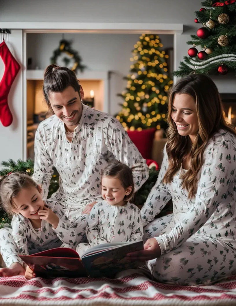 White Little Christmas Tree Matching Family Pajamas with Dog Set – Holiday Sleepwear Main View