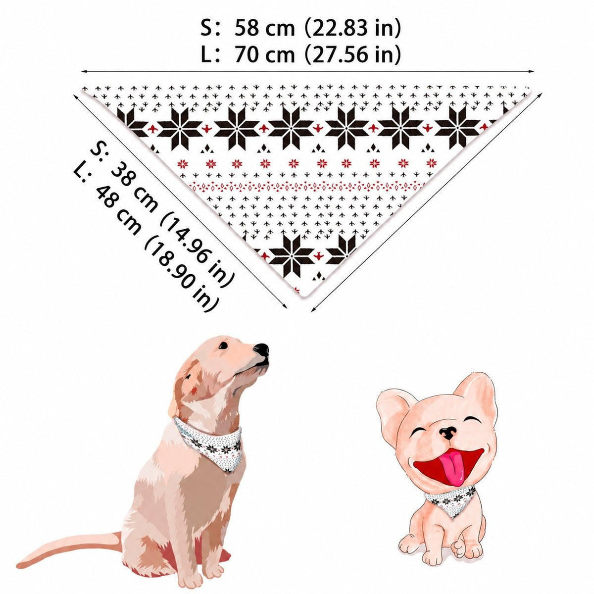 Guide des tailles d'un bandana de Noël blanc pour chien imprimé de flocons noirs, indiquant les tailles S et L.