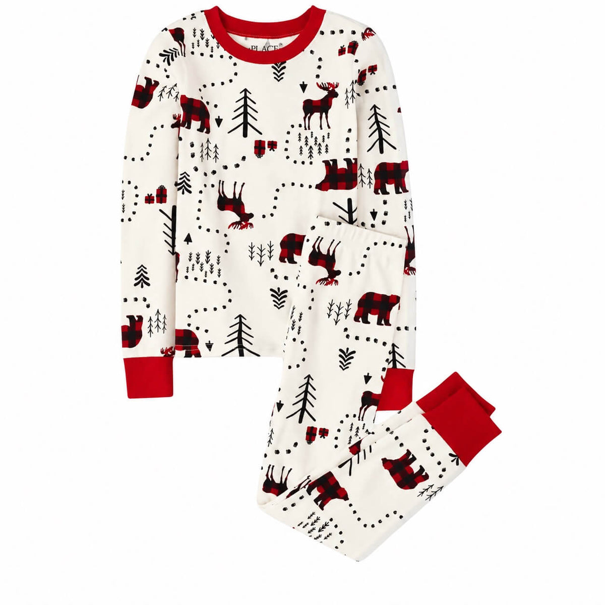 White long-sleeve pajama shirt and pants with plaid woodland animals, black trees and red ribbed cuffs.