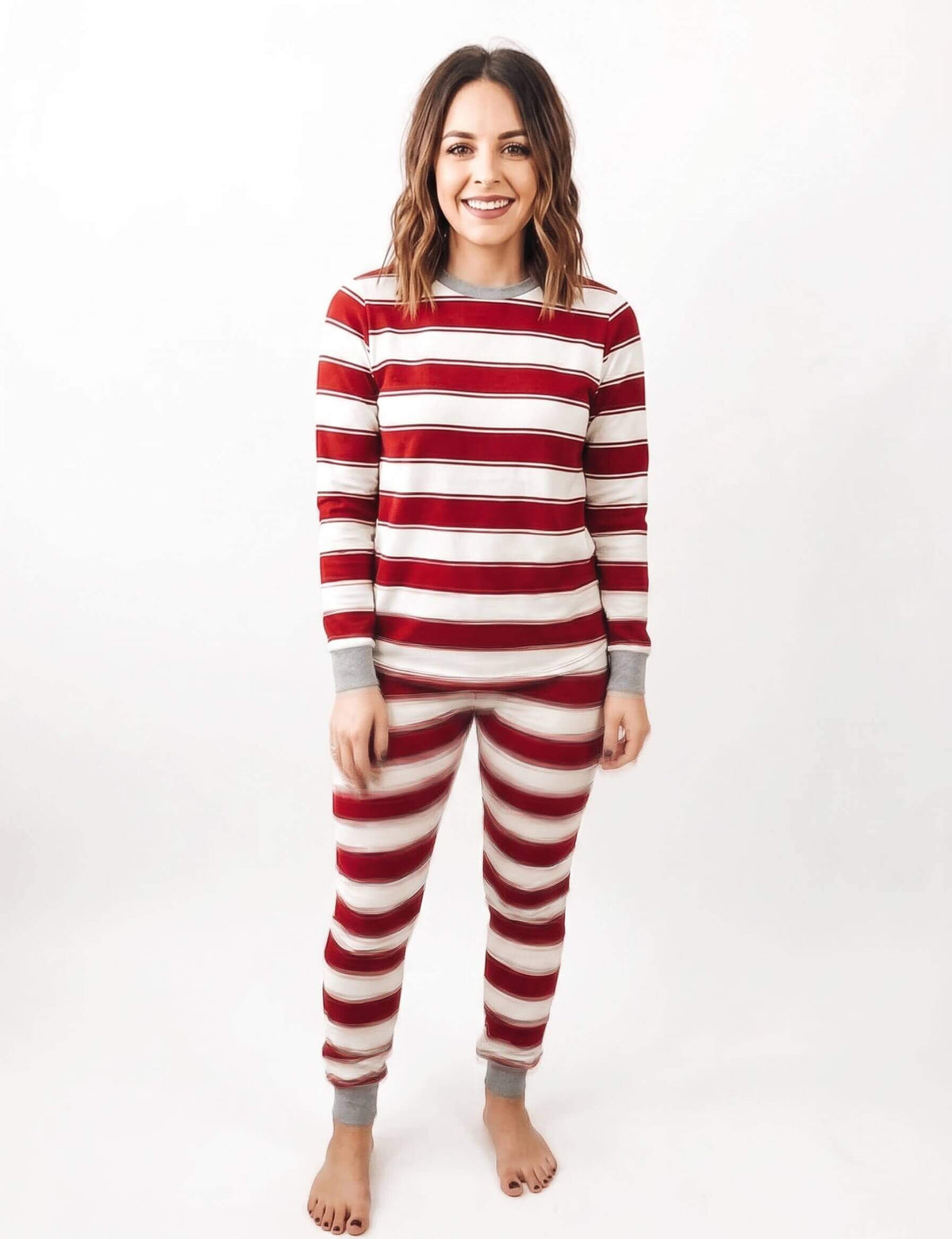 Women's red and white candy cane striped long sleeve Christmas pajama set