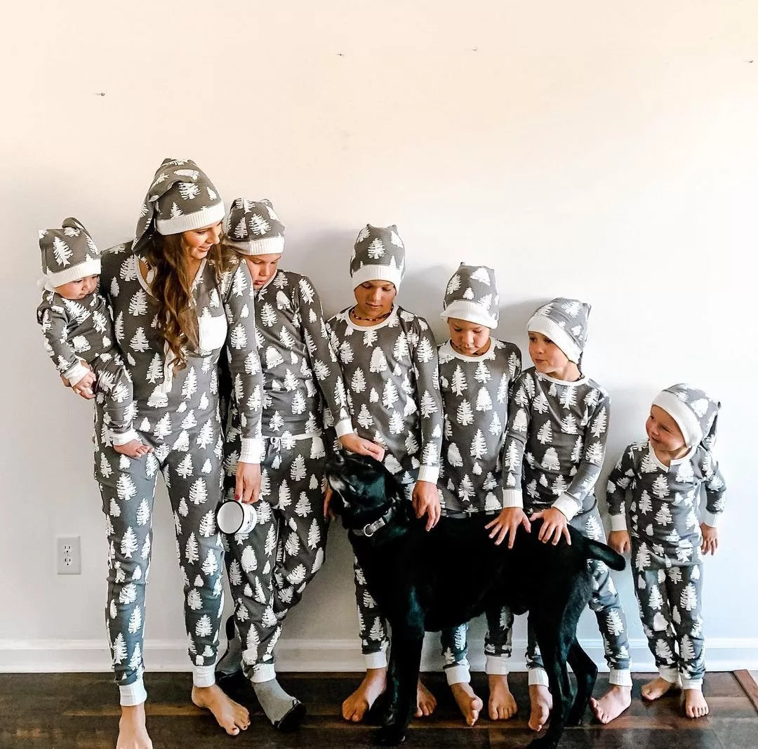 Gray & White Christmas Tree Print Matching Family Christmas Pajamas