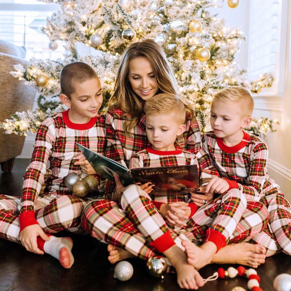 Pijamas navideños a juego para la familia de cuadros de colores mezclados, incluye pijama para perro