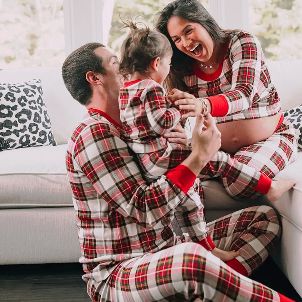 Pijamas navideños a juego para la familia de cuadros de colores mezclados, incluye pijama para perro
