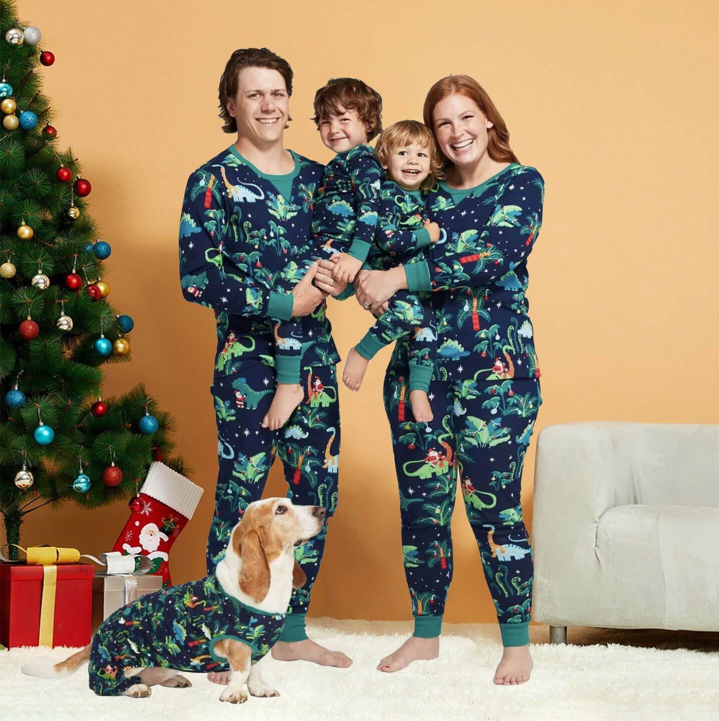 Christmas Dinosaur Patterned Matching Family Christmas Pajamas-Dog Pajamas Included