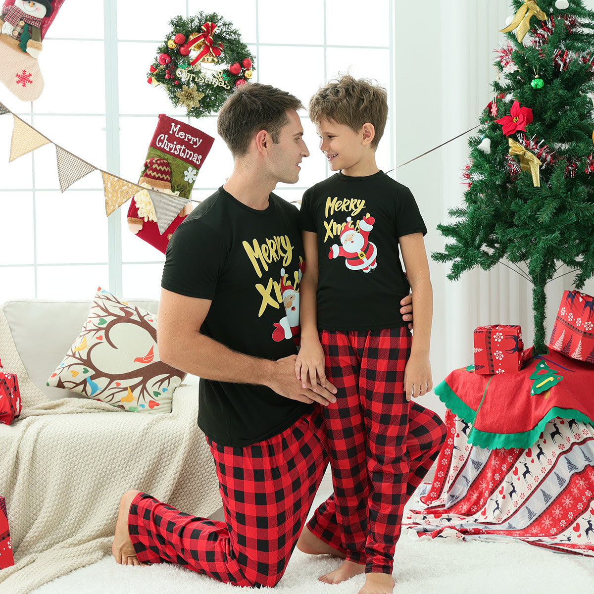 Red Plaid Matching Family Christmas Pajamas-Short Sleeves