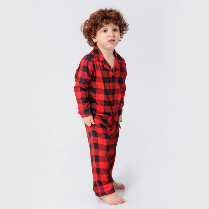 Buffalo Plaid Christmas Pajamas Flat Lay – Complete Matching Family and Dog Set