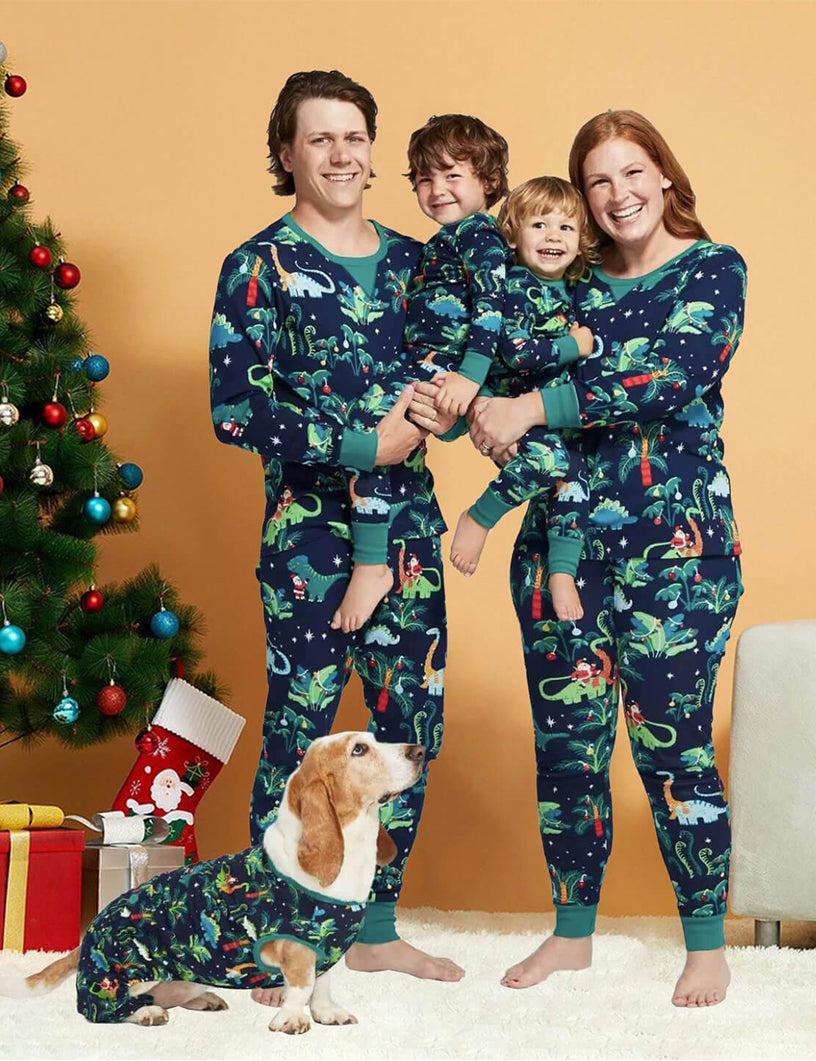 Christmas Dinosaur Patterned Matching Family Christmas Pajamas with Dog Set – Holiday Sleepwear Main View