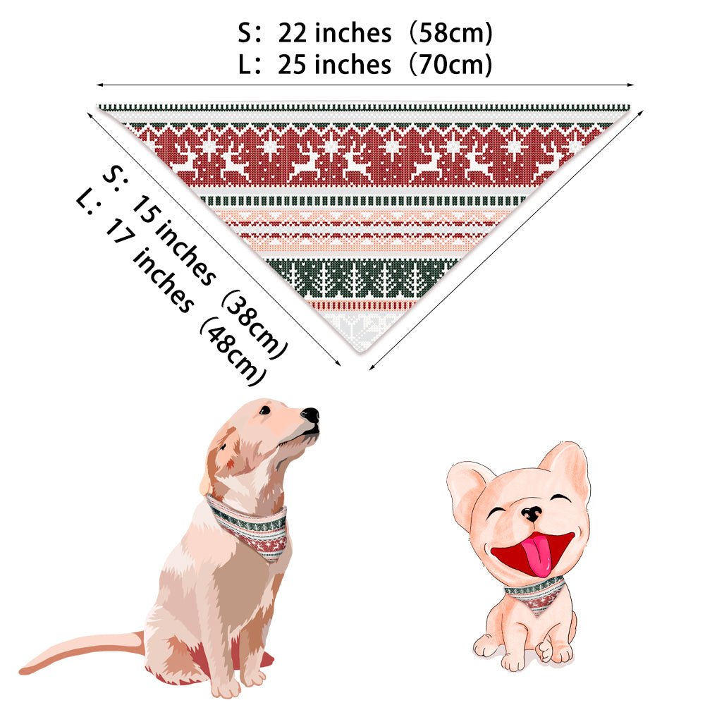 Fair Isle Christmas Dog Bandana Size Guide – Triangle Bandana in Reindeer Snowflake Print, S 22 inches and L 25 inches with Illustrated Dogs