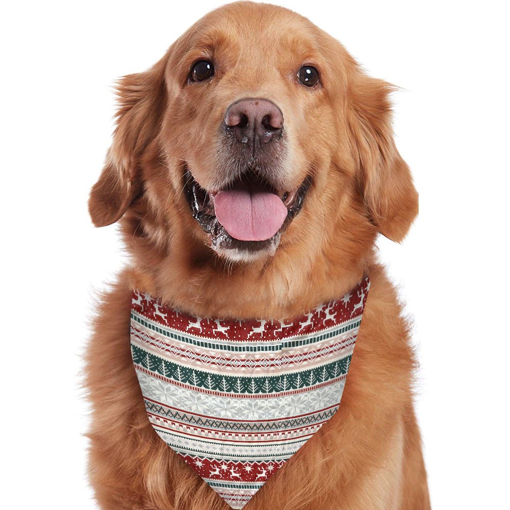 Happy Golden Retriever Wearing Fair Isle Christmas Bandana – Red Reindeer Green Tree and Snowflake Stripe Triangle Scarf on White Background