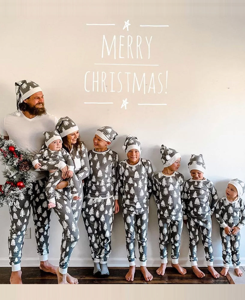 Gray and White Christmas Tree Print Matching Family Pajamas with Dog Set – Holiday Sleepwear Main View