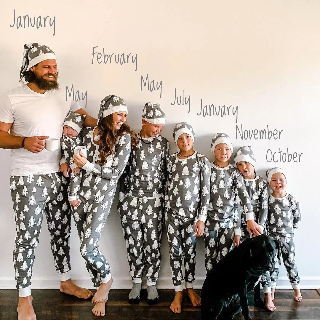 Gray White Christmas Tree Kids Pajamas – Soft Matching Holiday Sleepwear for Boys and Girls