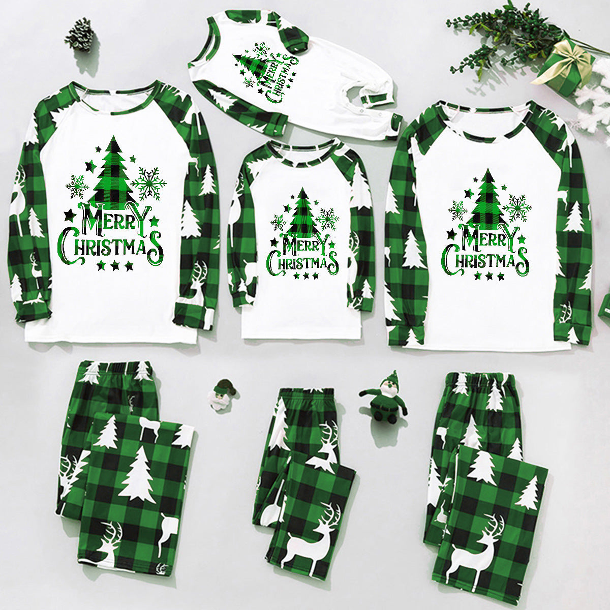 Green Plaid Christmas Tree Pattern Family Matching Pajamas Sets (with Pet's dog clothes)