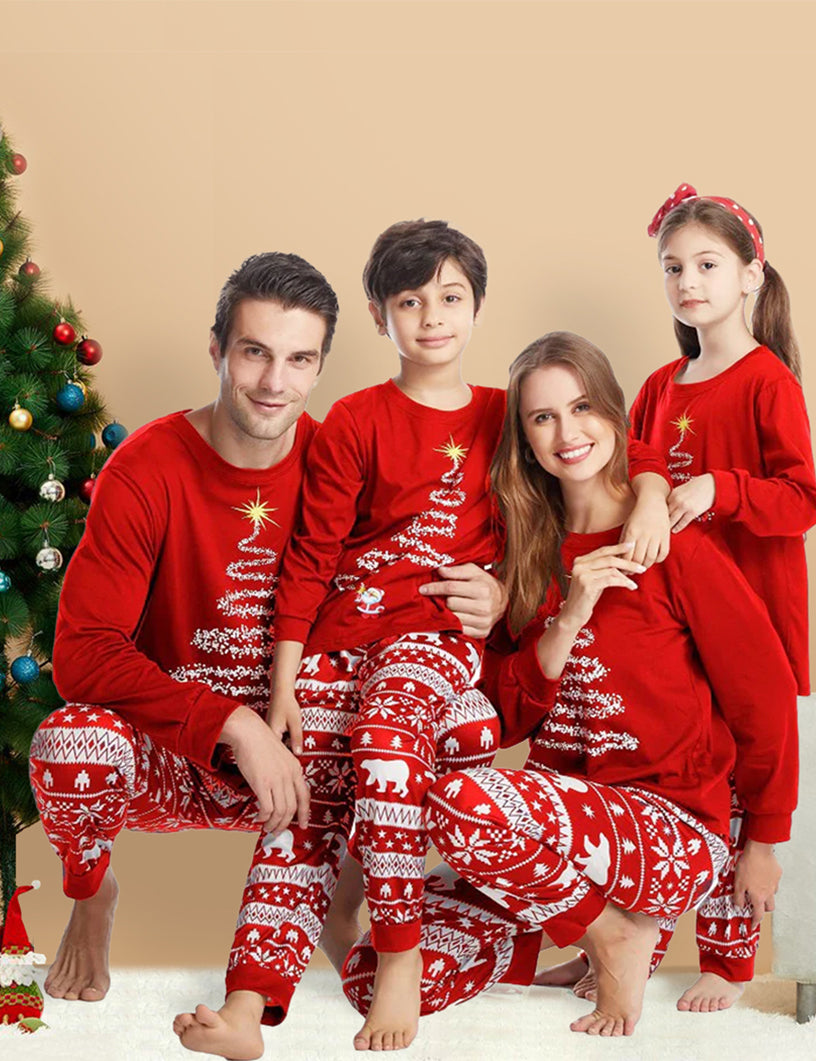 Red Christmas Tree Print Matching Family Christmas Pajamas Sets – Holiday Sleepwear Main View