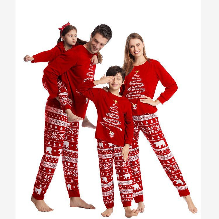 Red Christmas Tree Print Pajamas Lifestyle – Adults and Kids Matching Holiday Sleepwear