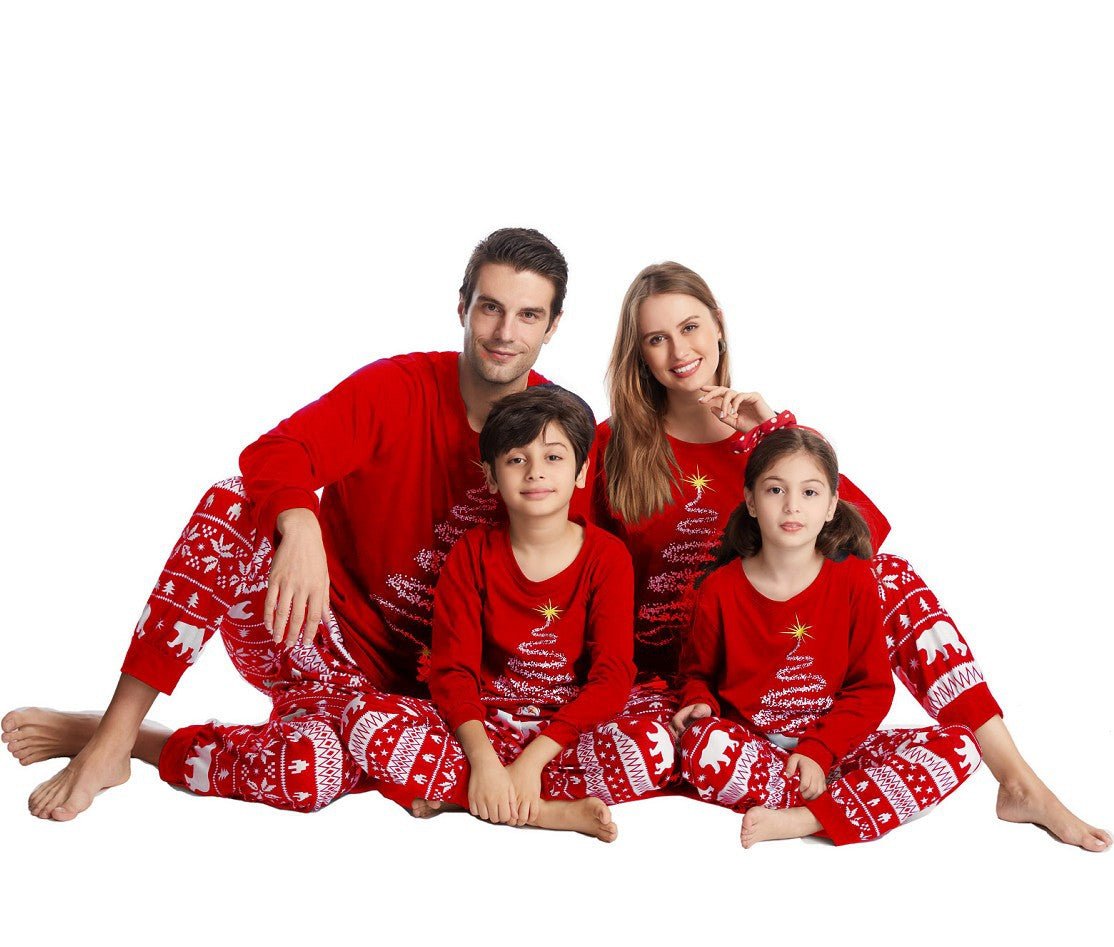 Red Christmas Tree Print Pajamas Size Chart – Adults Kids Baby and Dog Sizes Available