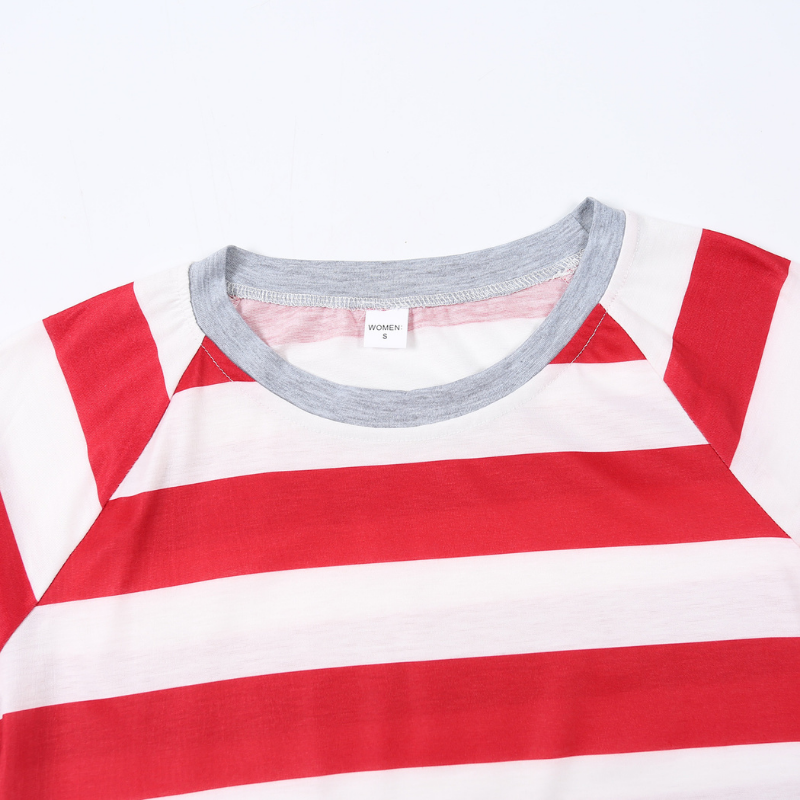Red and White Stripe Matching Pajamas Front View – Family Holiday Sleepwear