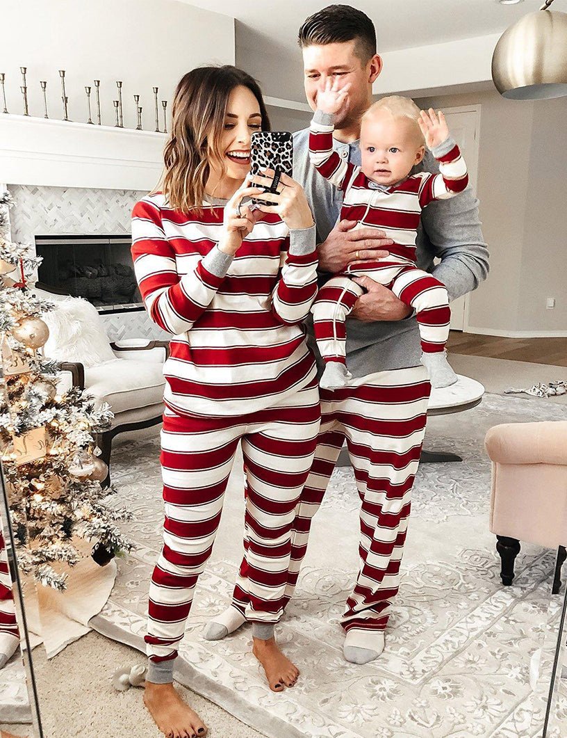 Red and White Stripe Round Collar Pajamas Detail – Holiday Sleepwear Close-Up View