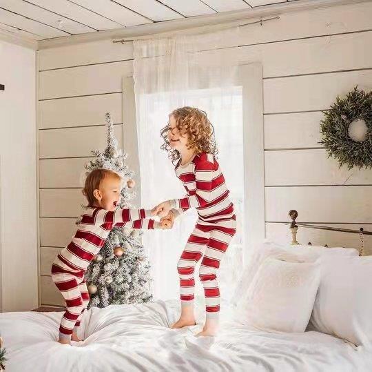 Red and White Stripe Round Collar Christmas Pajamas Size Chart – Adults Kids and Dog Sizes