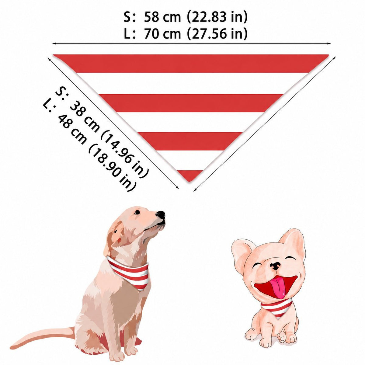 Guida alle taglie di una bandana natalizia per cane a righe rosse e bianche, con taglie S e L.