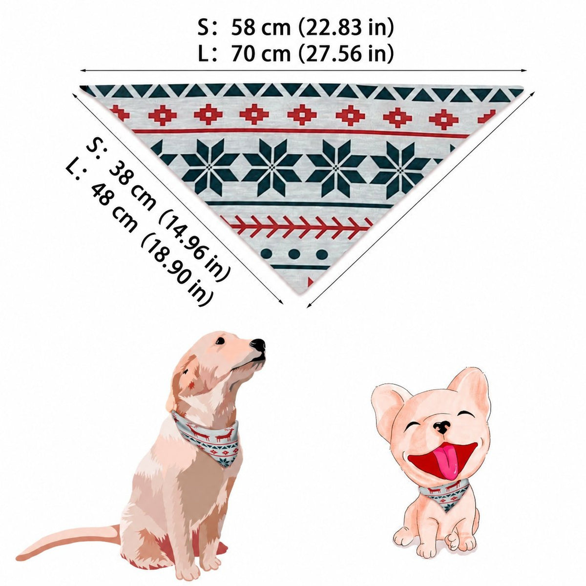 Größentabelle für ein weißes Hunde-Weihnachtshalstuch mit roten Rentieren, grünen Bäumen und Schneeflocken, mit den Größen S und L.