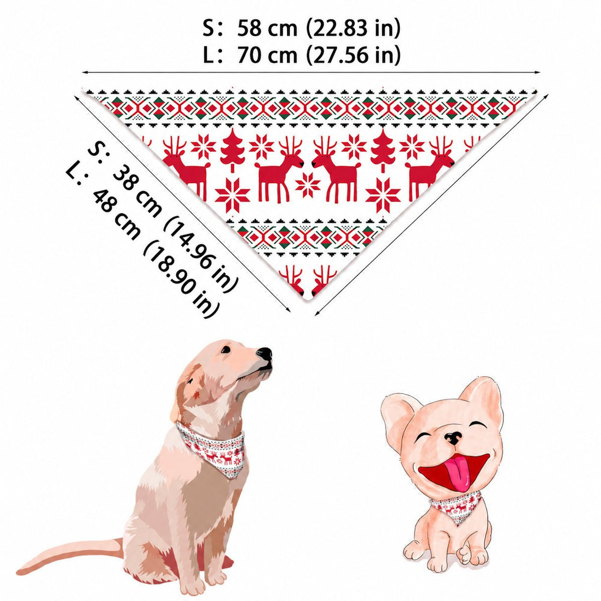 Maßskizze für ein weißes Hunde-Weihnachtshalstuch mit roten Rentieren und grünen geometrischen Streifen, mit Maßen für S und L.