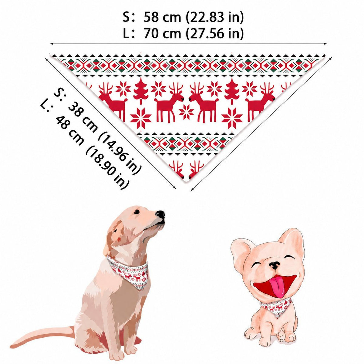 Schema delle misure di una bandana natalizia bianca per cane con renne e fiocchi di neve rossi e fasce verdi a fantasia, con dimensioni S e L.