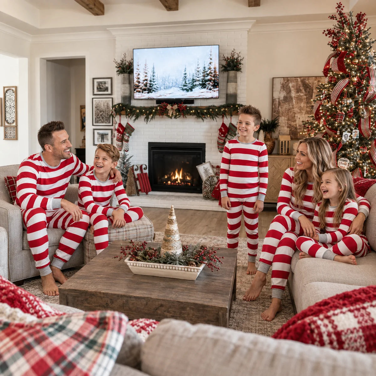 Family in red and white striped Christmas pajamas gathered around a coffee table in a decorated fireplace room.