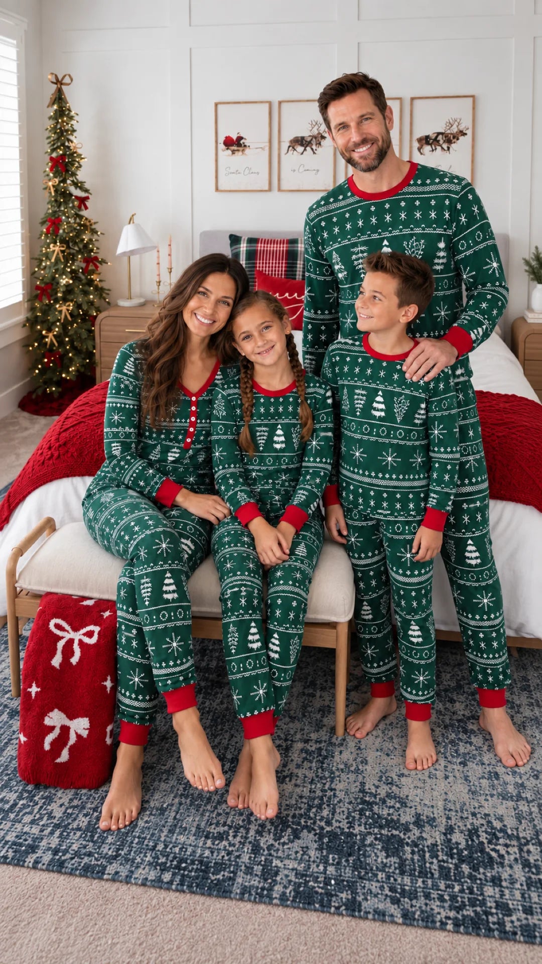Family in dark green Fair Isle Christmas pajamas gathered around a chair beside a bed and small Christmas tree.