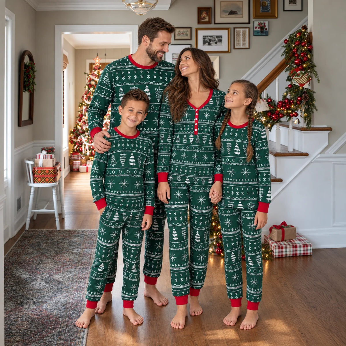 Family standing in dark green Fair Isle Christmas pajamas beside a staircase decorated with garlands and red bows.