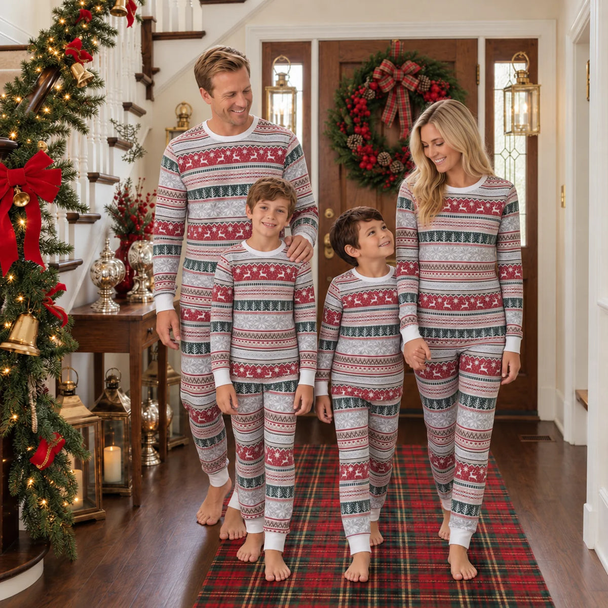 Family standing in gray, red and green Fair Isle Christmas pajamas on a plaid runner beside a wreath-covered door.