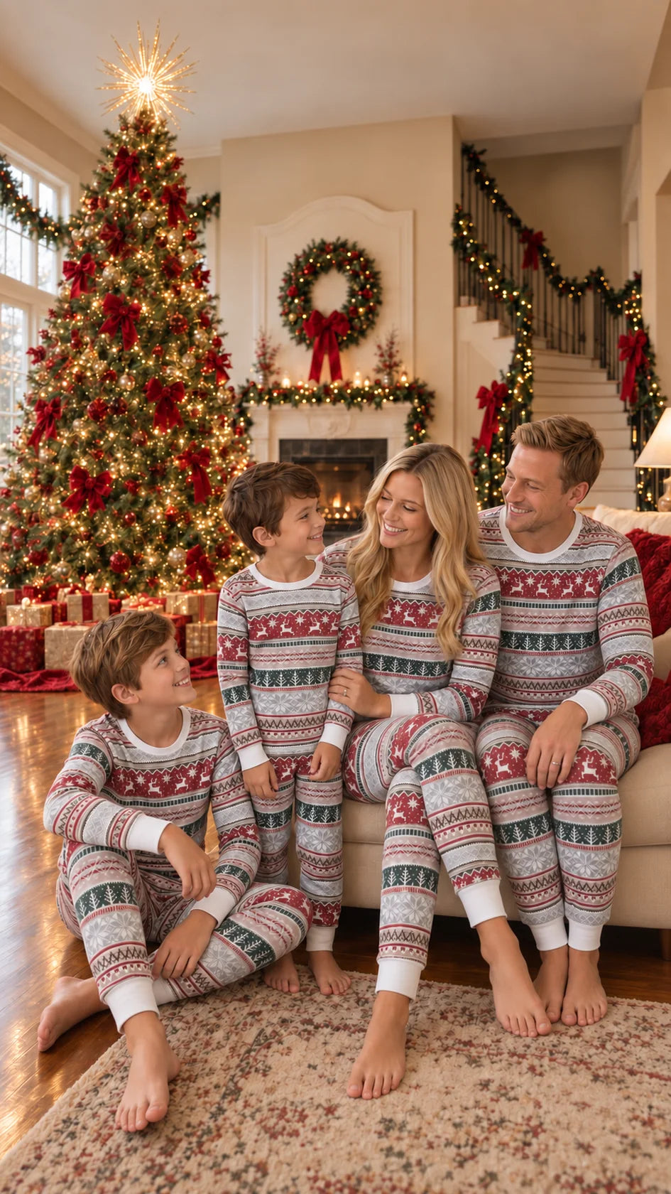 Family in gray, red and green Fair Isle Christmas pajamas sitting beside a Christmas tree and garland-covered stairs.