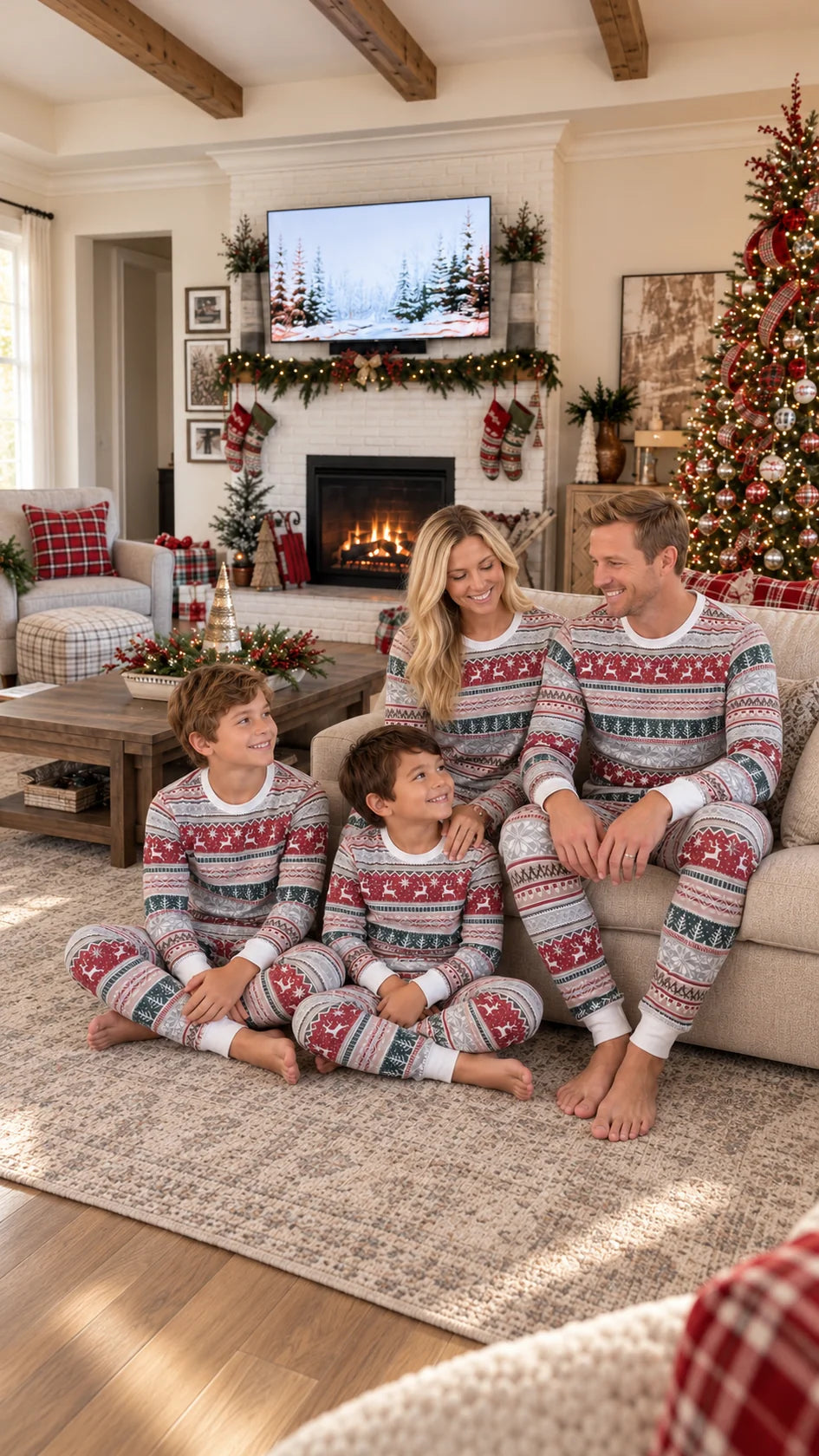 Family in gray, red and green Fair Isle Christmas pajamas gathered on a rug in front of a white brick fireplace.