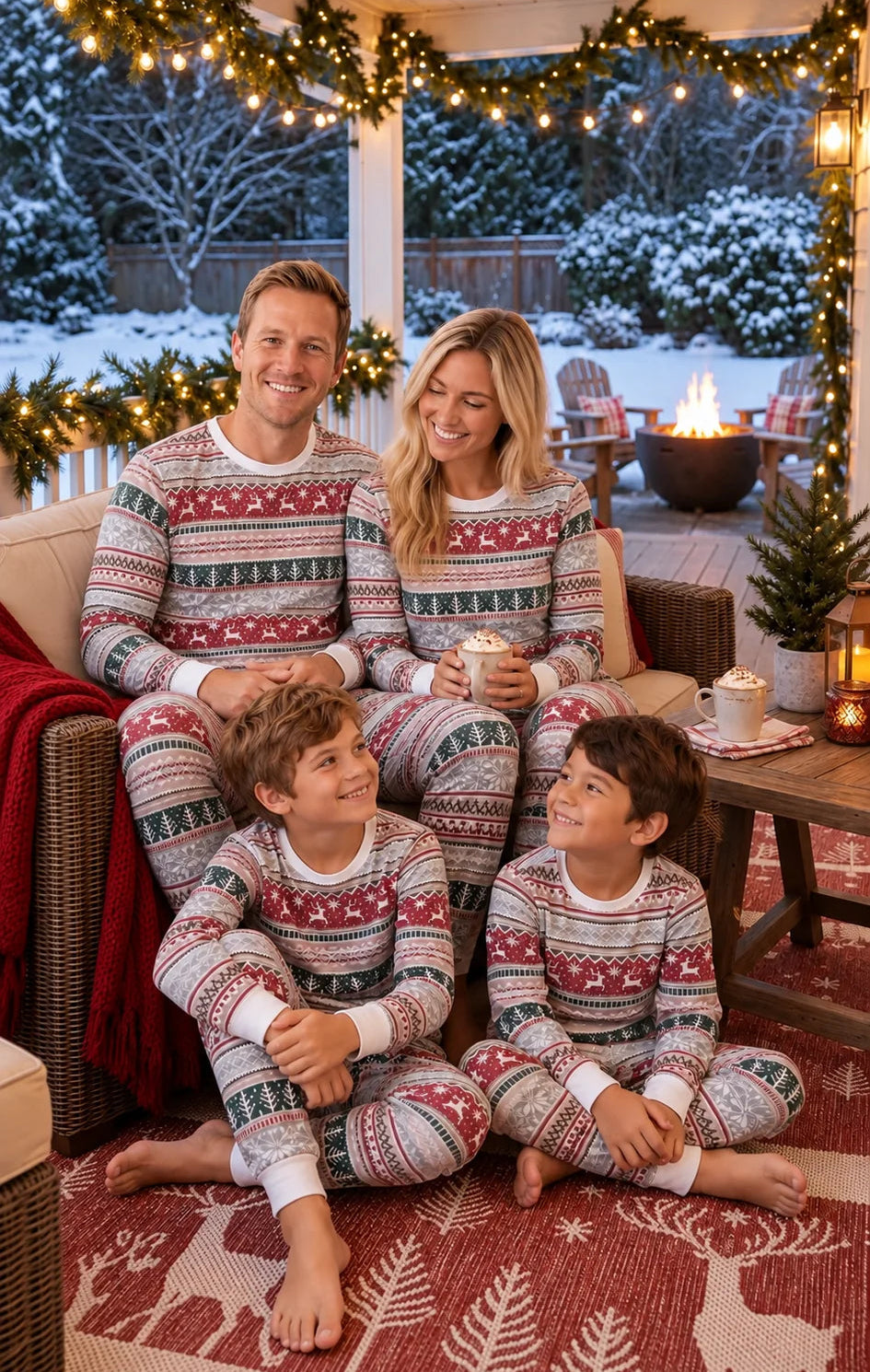 Family in gray, red and green Fair Isle Christmas pajamas on a porch with string lights and snow-covered trees.