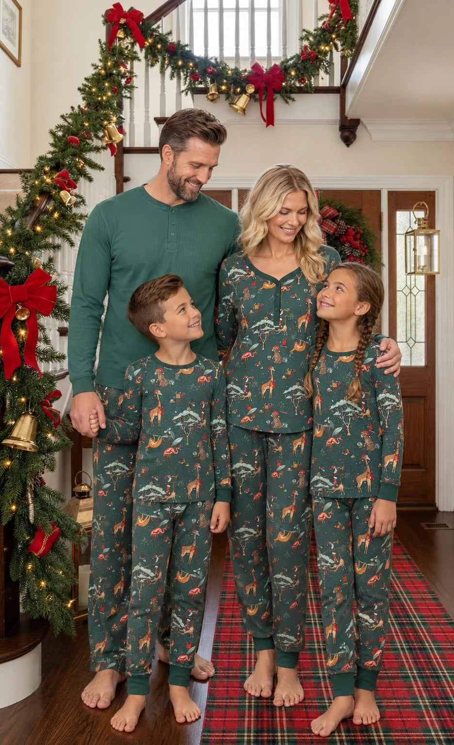 Family in green pajamas with colorful animal illustrations beside a Christmas staircase; the man wears a solid green top.