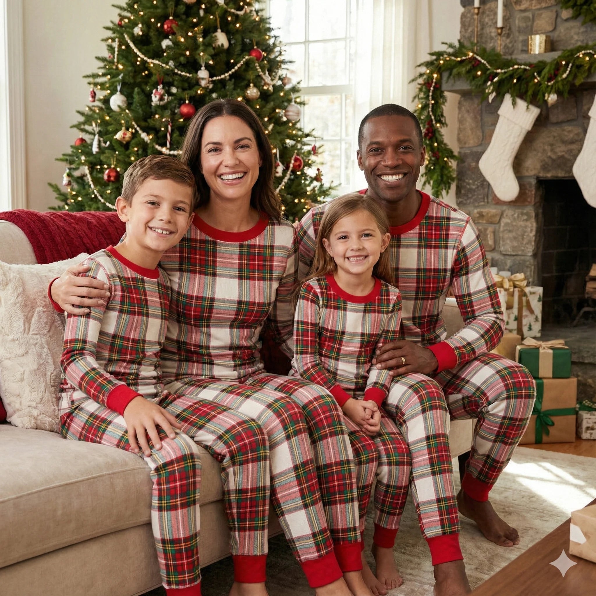 Cozy Holiday Plaid with Red Cuffs Family Christmas Matching Pajamas with Pet PJs