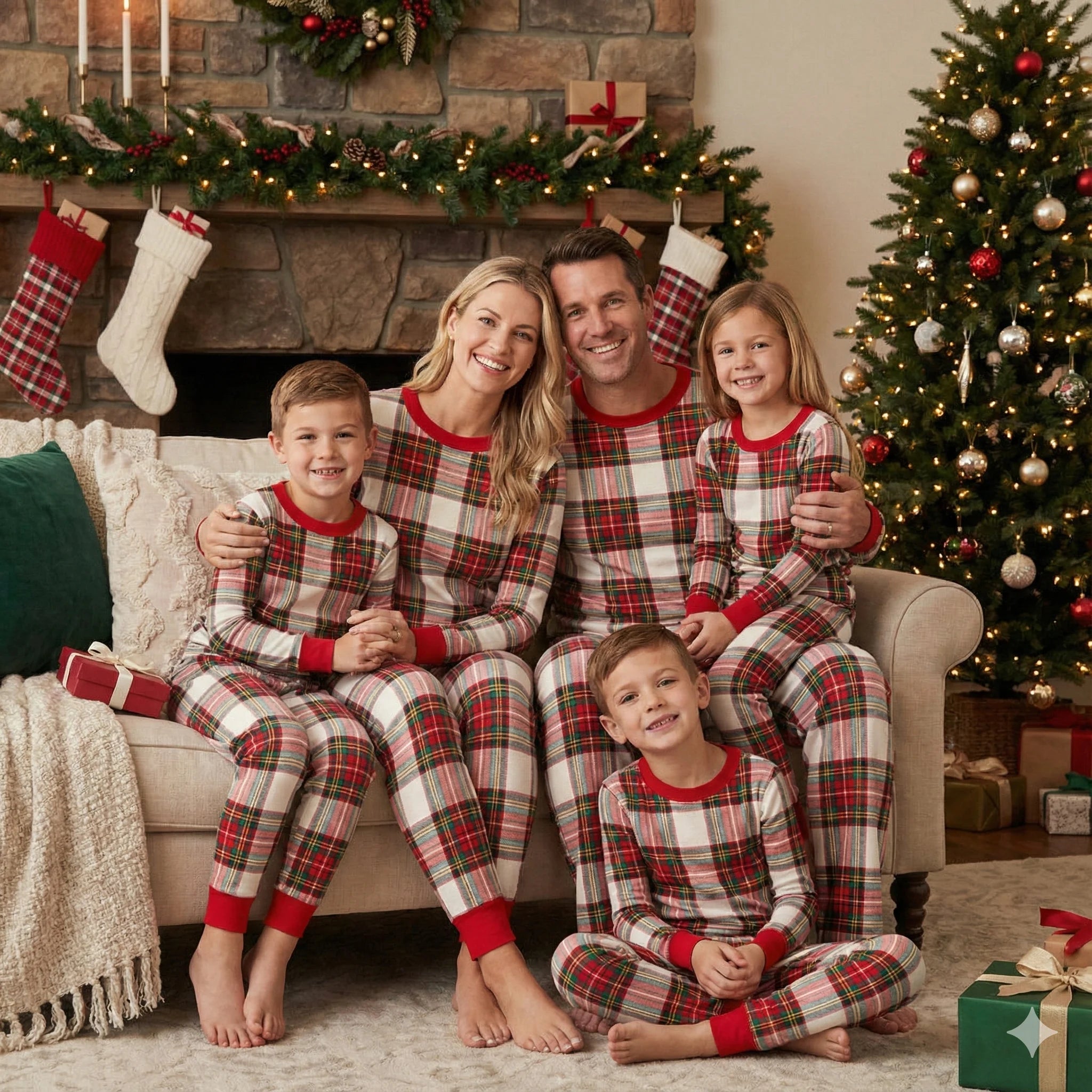 Cozy Holiday Plaid with Red Cuffs Family Christmas Matching Pajamas with Pet PJs
