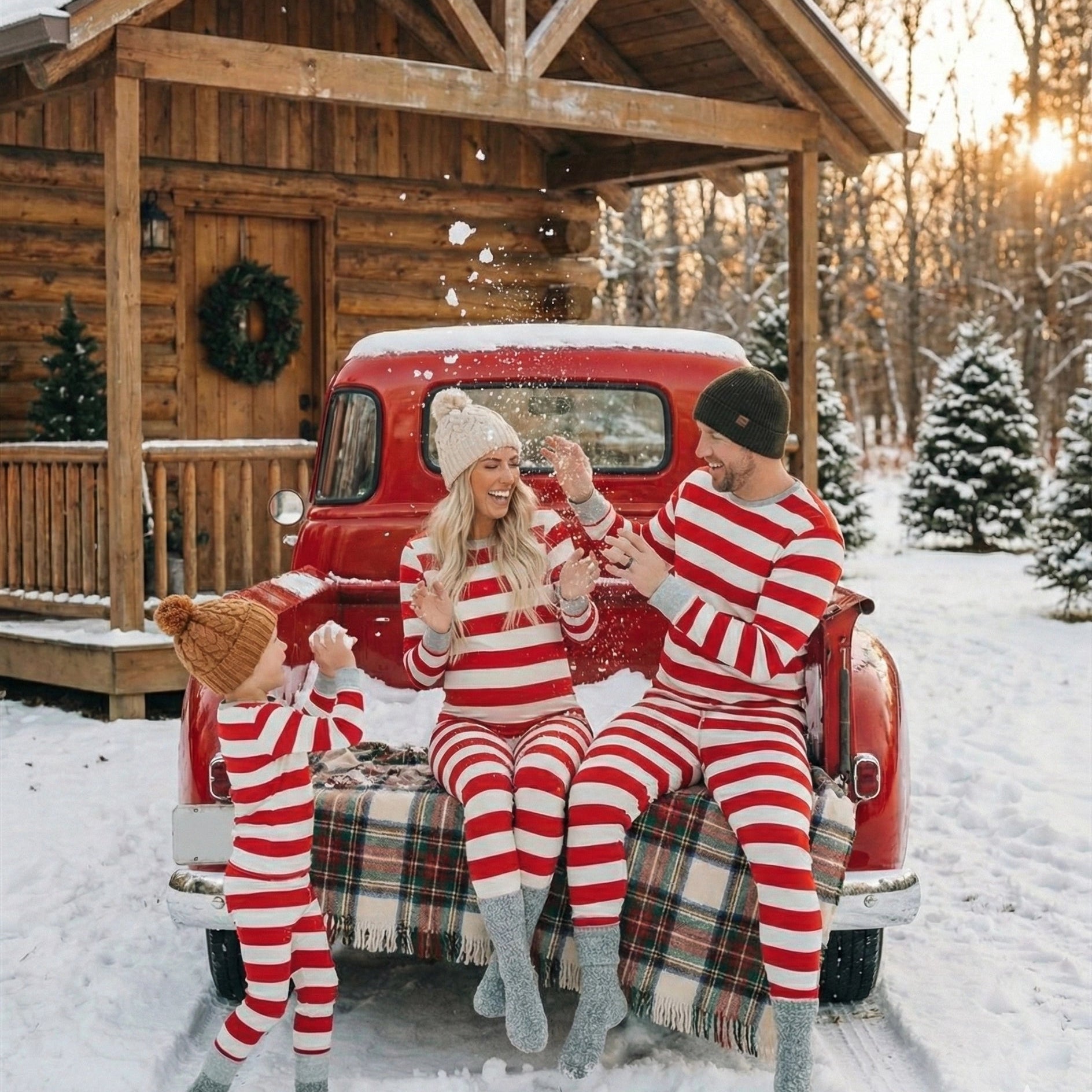 Holiday Candy Cane Striped Matching Family Christmas Pajamas with Dog Bandana